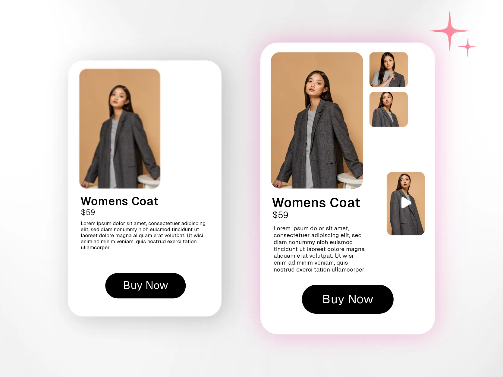 a product detail page showcasing high-quality images and videos that provide clear views of the product, compared to another with low-resolution images and no video, making it harder for customers to judge the product.