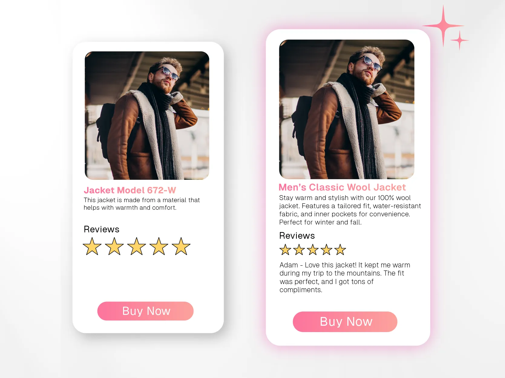 One product detail page effectively uses customer reviews and ratings to build trust, leveraging social proof, while the other lacks any reviews, leaving potential buyers unsure about the product’s quality and customer satisfaction.