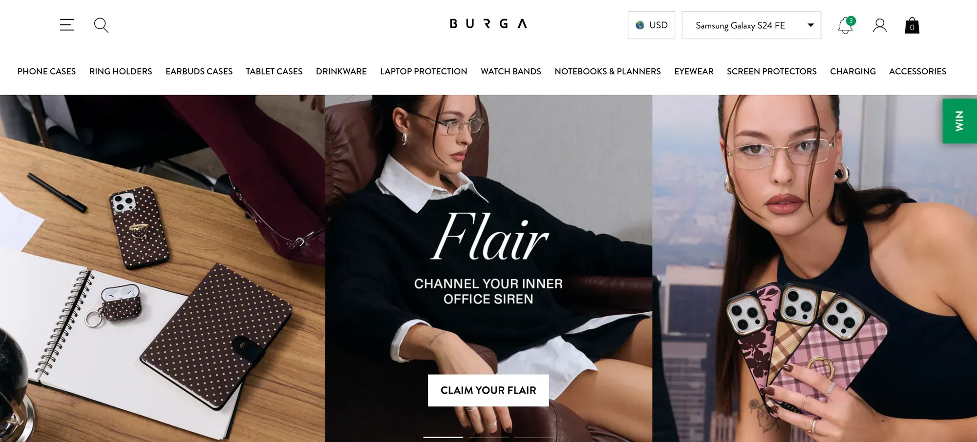 Burga has colorful designs and stands out from its competition with its easy to use navigation and design making it a compelling shopify website example